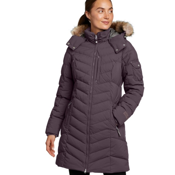 Eddie Bauer Dark Purple Puffer Jacket with Faux Fur Hood Retail $299 - Picture 2 of 12
